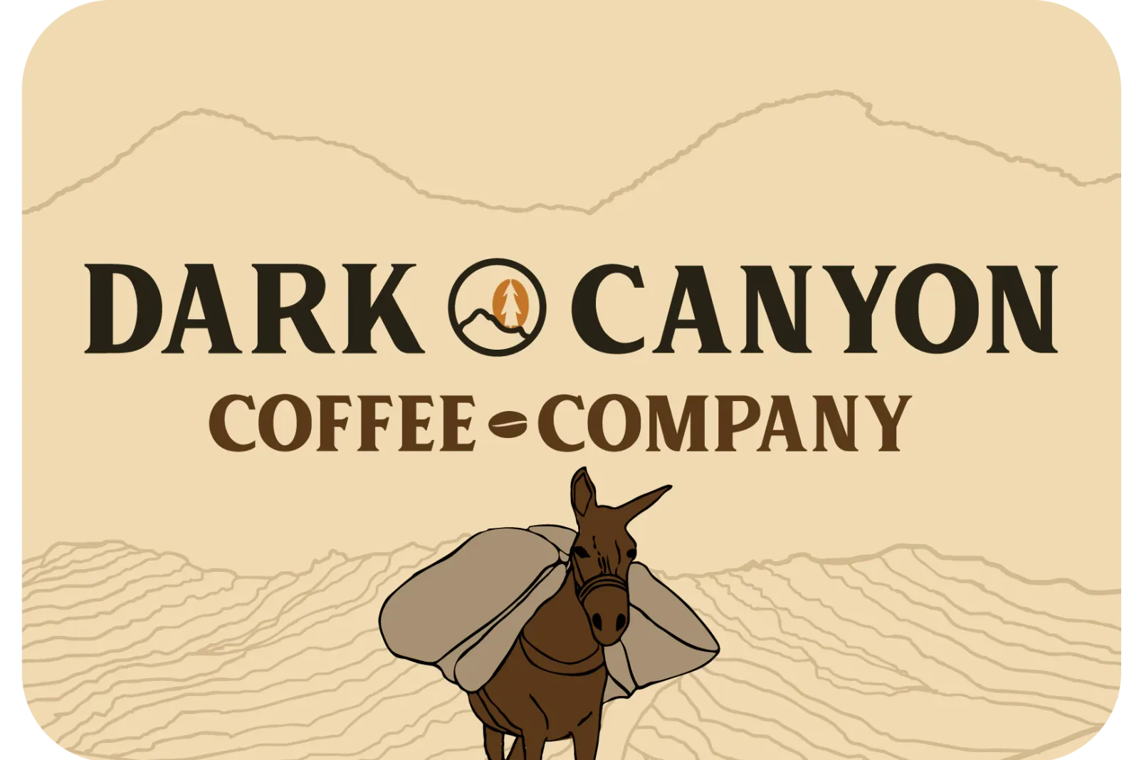 dark canyon coffee company logo featuring a burro carrying sacks in desert landscape., dark canyon coffee co, south dakota