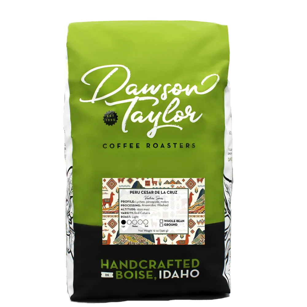 green and black coffee bag labeled dawson taylor from boise, idaho with peru cesar de la cruz variety., dawson taylor coffee 