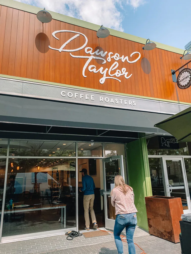 dawson taylor coffee roasters storefront with customers entering the cafe., dawson taylor coffee roasters, boise