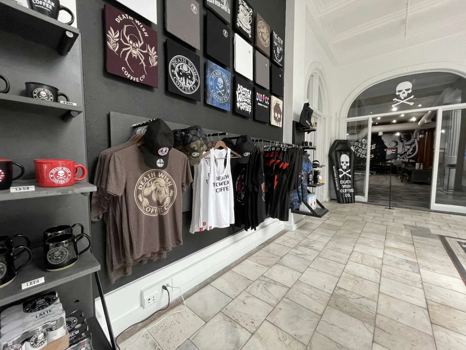 death wish coffee co. retail storefront displaying merchandise, apparel, and branded signage., death wish coffee company, sar