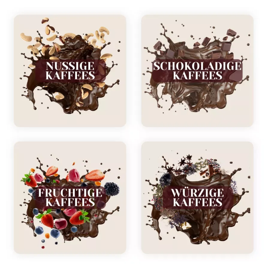 four coffee categories with splashing liquid and flavor ingredients displayed on beige backgrounds., die rösterei coffeum gmb