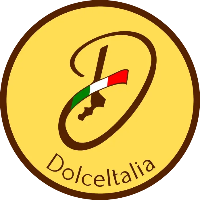 circular yellow badge with brown border featuring stylized italian flag and "dolceitalia" text., dolce italia, helsinki
