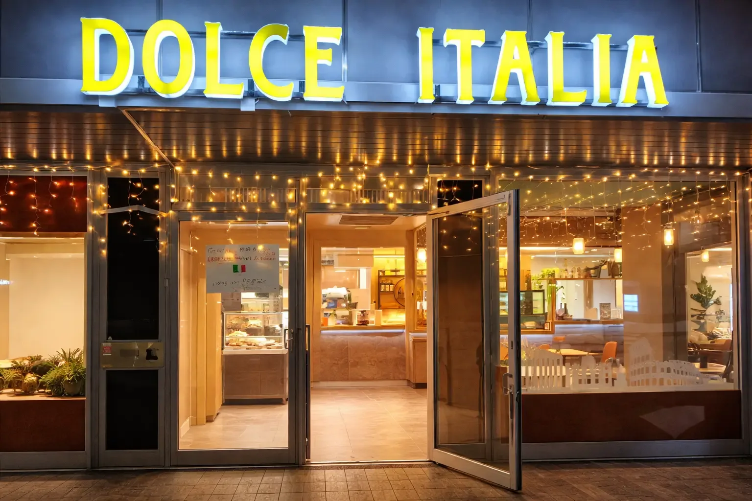 brightly lit italian bakery storefront with warm interior glow and open entrance doors., dolce italia, helsinki
