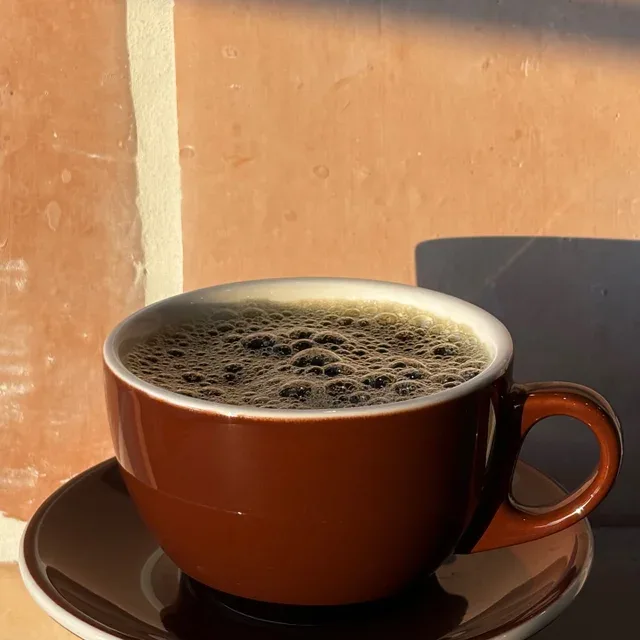 a steaming cup of black coffee in a brown ceramic mug with saucer., dosis coffee, laredo