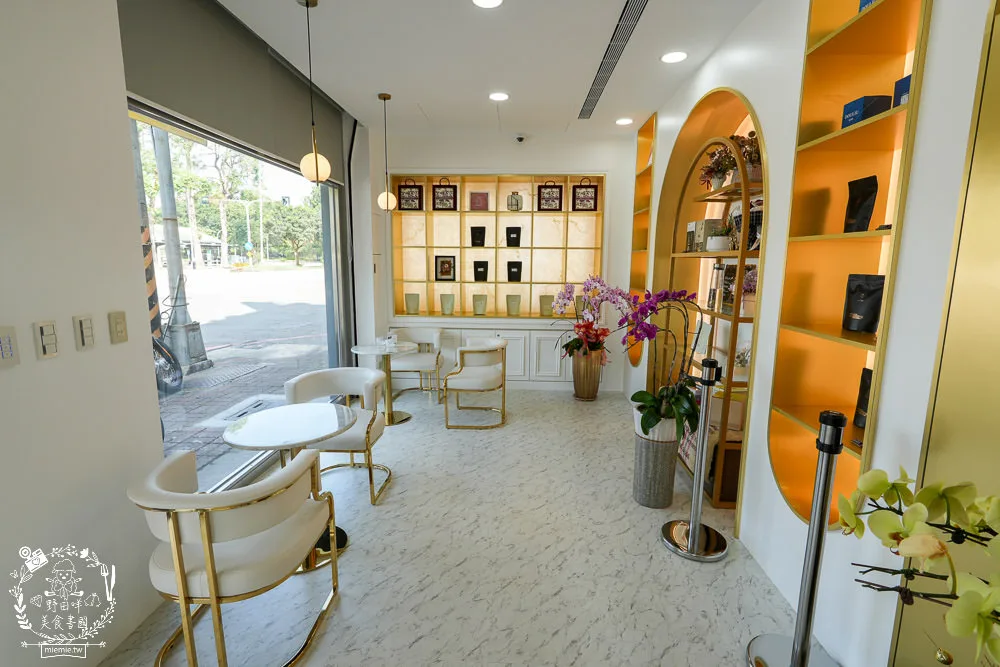 modern retail showroom with orange shelving, marble flooring, and elegant furniture displays., 荳琉咖啡douliu coffee / 楠梓咖啡廳 自家烘焙