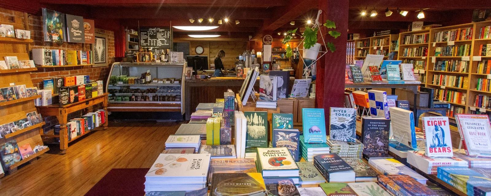 cozy bookstore café with wooden shelves, display tables, and warm lighting throughout., dudley's bookshop cafe, bend