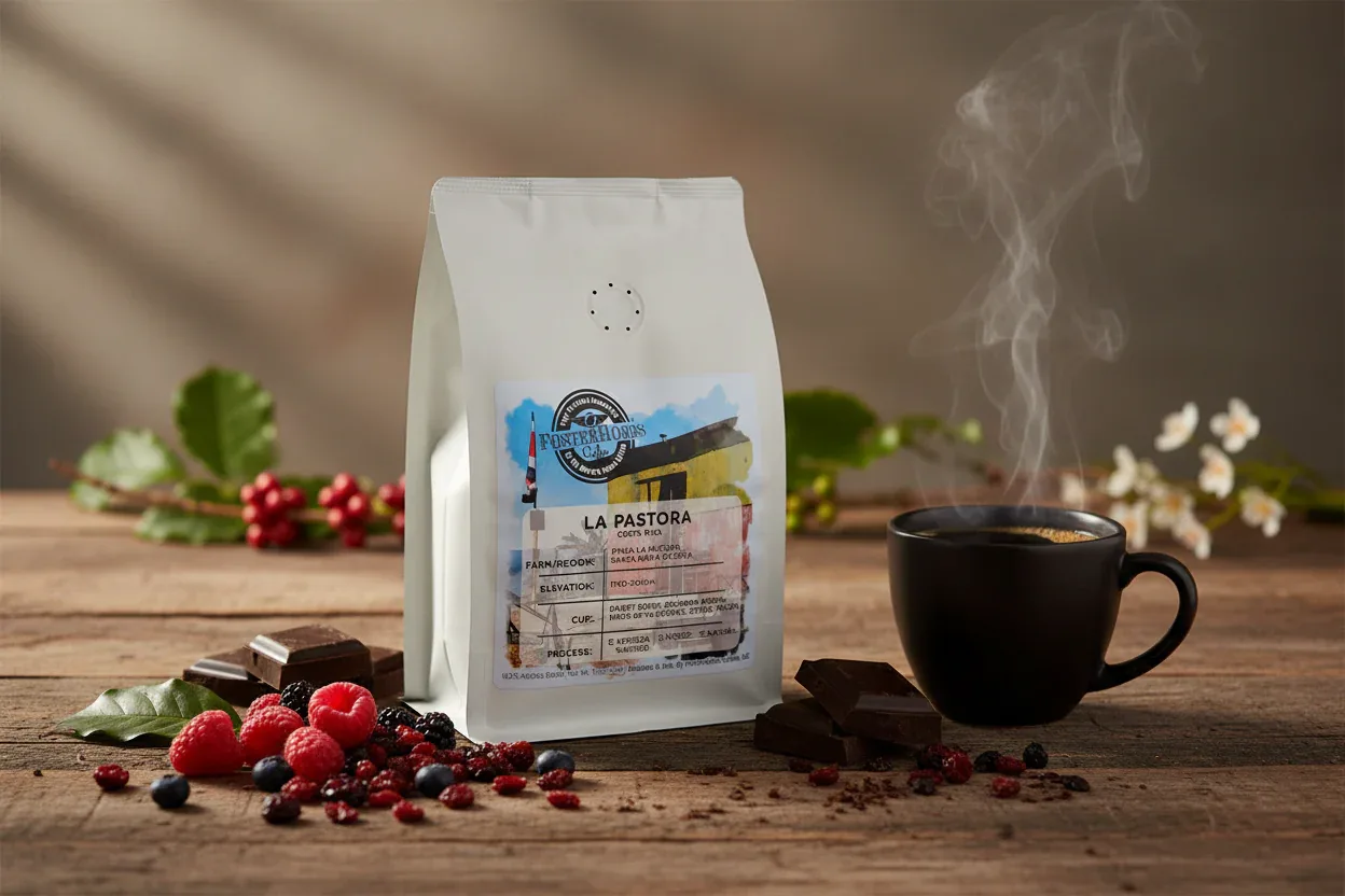 white coffee bag with steaming cup surrounded by fresh berries and chocolate pieces., e.f. hobbs specialty coffee roaster, ka