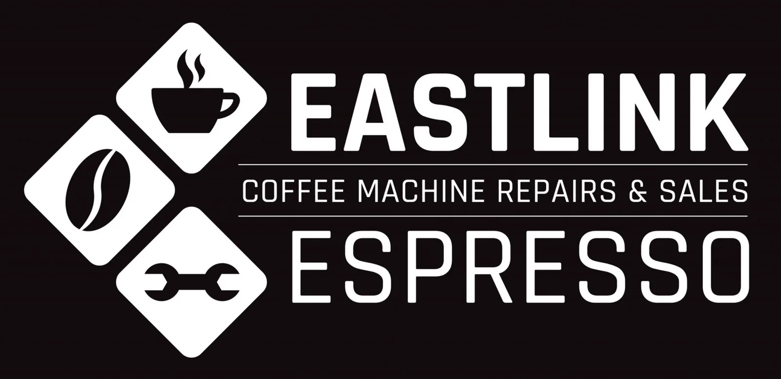 eastlink espresso logo featuring coffee cup, bean, and wrench icons on black background., eastlink espresso repairs & sales, 