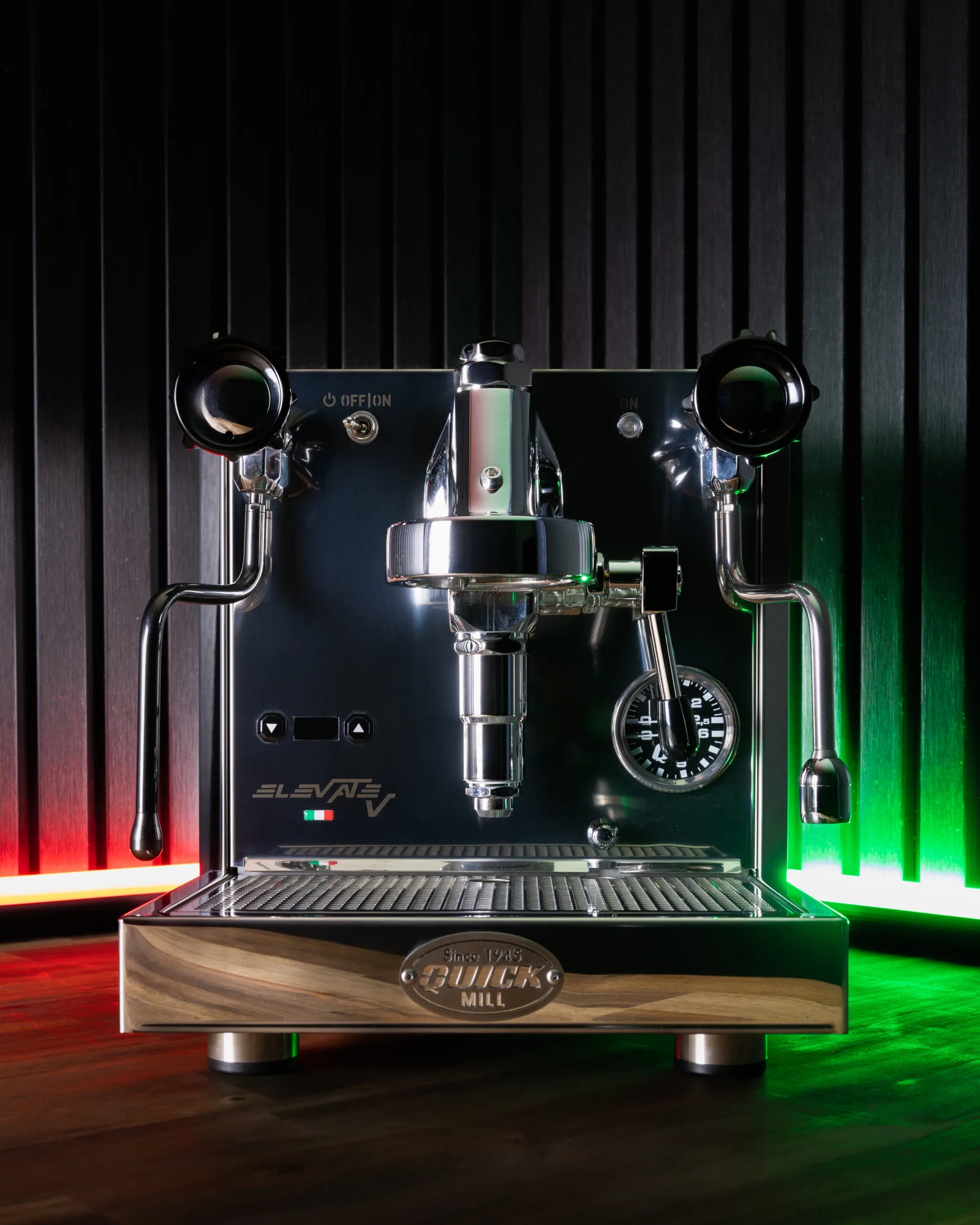 high-end espresso machine with dual portafilters and pressure gauge, dramatic red-green lighting., eastlink espresso repairs 