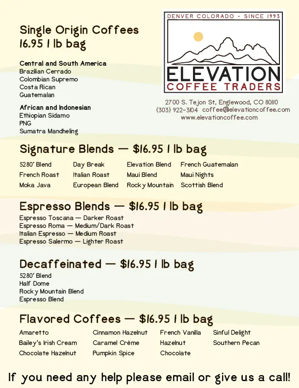 coffee menu from denver's elevation coffee traders listing single origin and blend varieties., elevation coffee traders, colo