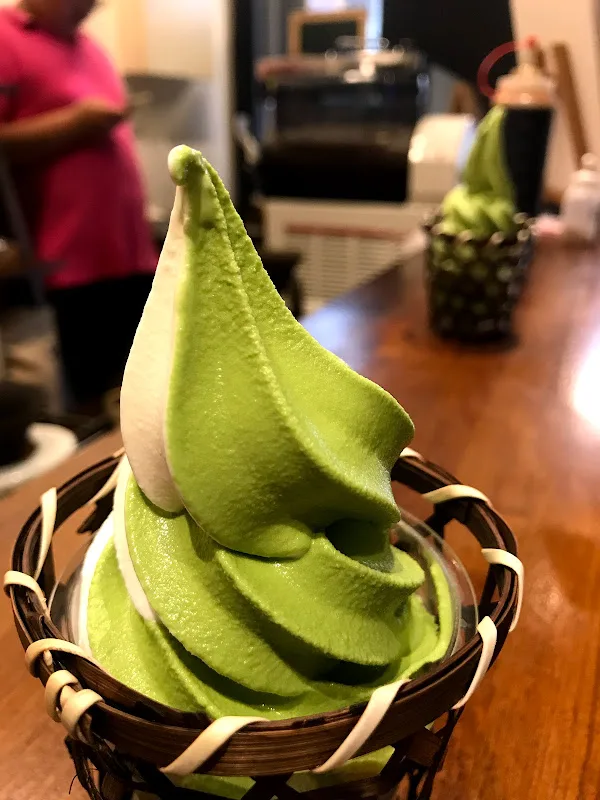 bright green soft-serve ice cream in decorative basket at indoor gathering., 京美人甘味屋（立食制，霜淇淋口味請見fb、ig粉專）, tainan