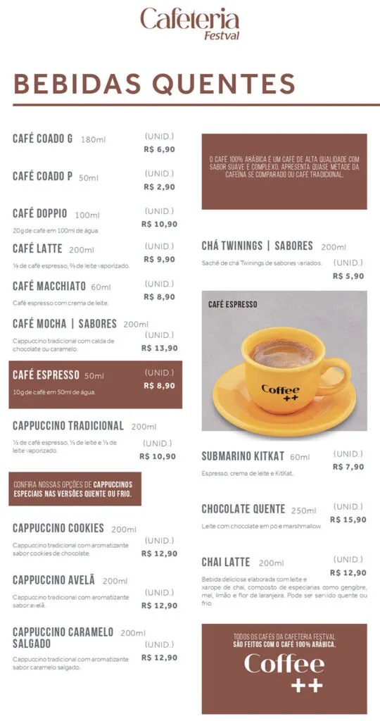 coffee shop menu displaying hot beverages with prices in brazilian real currency., festval linha verde, curitiba