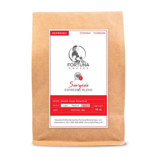 fortuna coffee sorries espresso blend bag with red and white label., fortuna coffee, greensboro