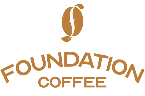 foundation coffee logo featuring stylized coffee bean and text in brown., foundation coffee, auckland