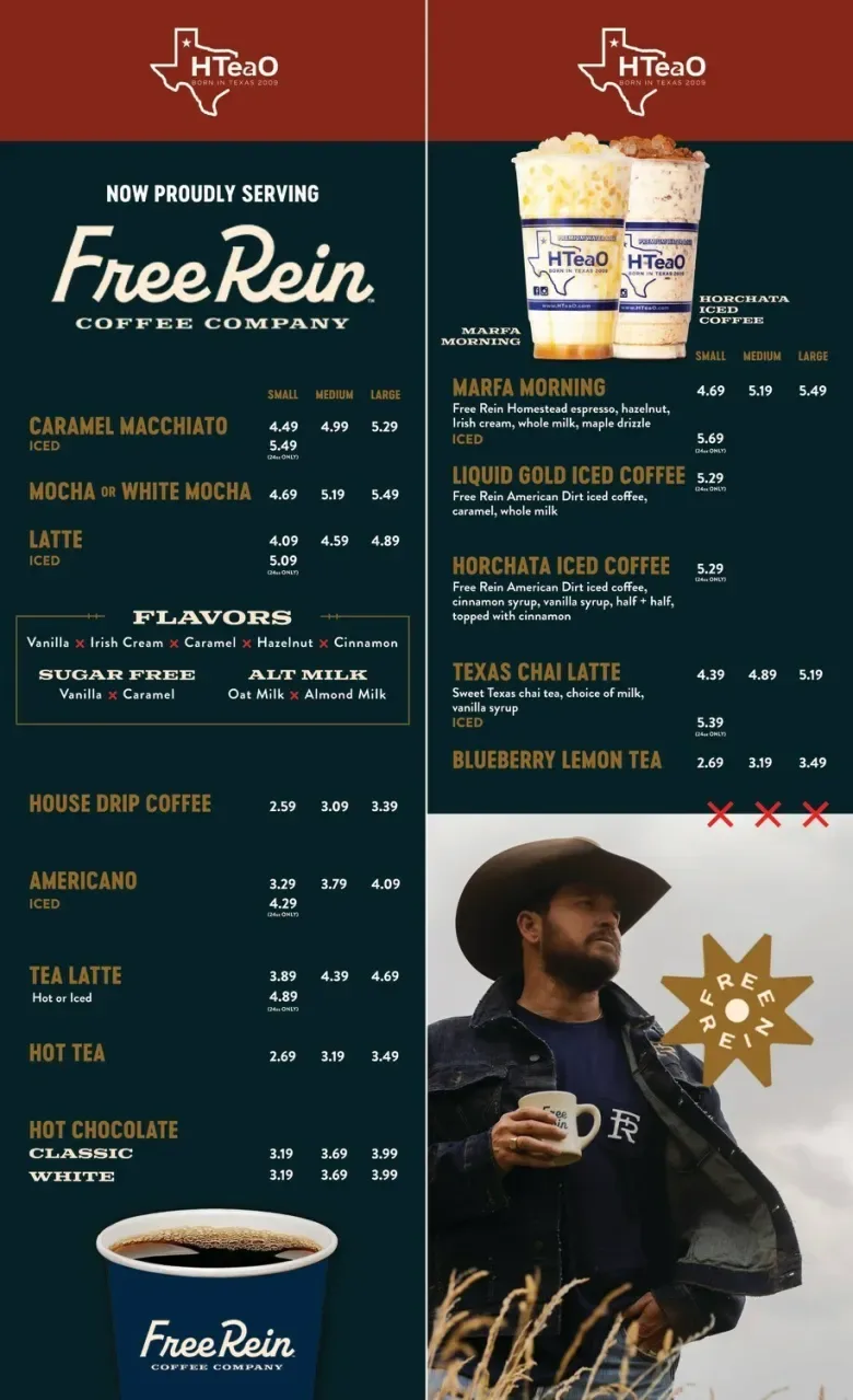 # hteao menu board displaying free rein coffee company beverages and pricing

the menu showcases iced and hot coffee drinks w