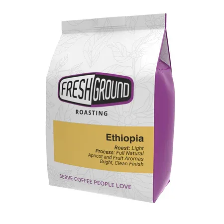 freshground roasting ethiopia light roast coffee bag with purple and gold packaging design., fresh ground roasting, illinois