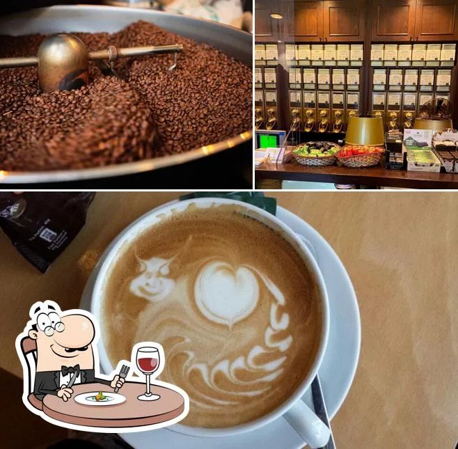 coffee beans roasting, specialty shop display, latte art with decorative design., ganos kaffee-kontor & roasting ag, leipzig