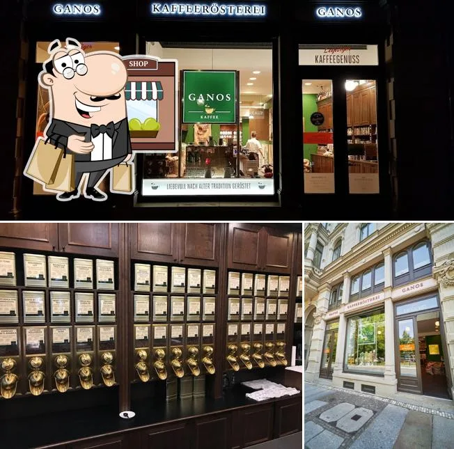 traditional german coffee shop storefront with vintage signage and classic merchandise display cases., ganos kaffee-kontor & 