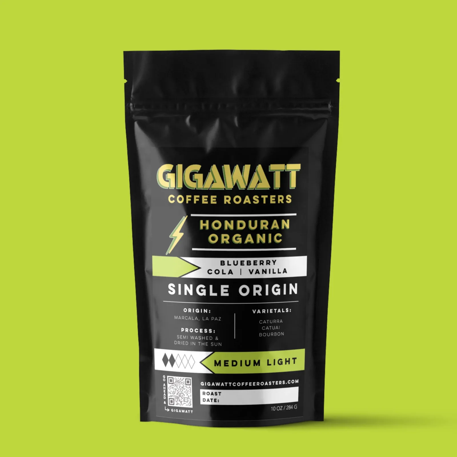 black coffee bag with gold lettering on bright yellow-green background., gigawatt coffee roasters, chicago