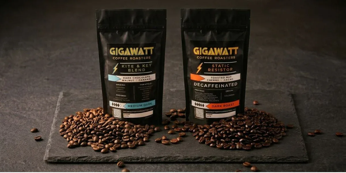 two gigawatt coffee roasters bags with scattered beans on slate surface., gigawatt coffee roasters, chicago