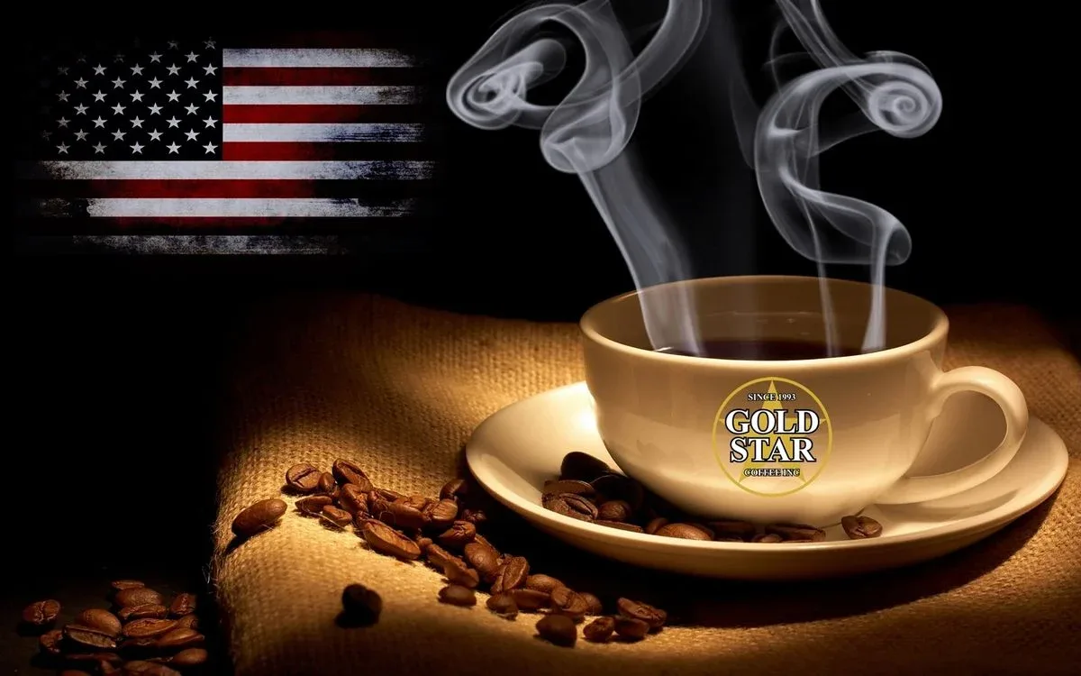 gold cup with steaming coffee, beans scattered, american flag, gold star branding., gold star coffee, hempstead