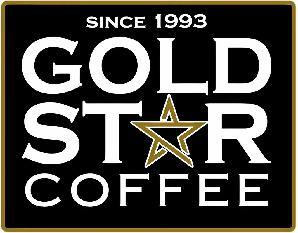 gold star coffee logo with white text and gold star since 1993 on black background., gold star coffee, woodbridge