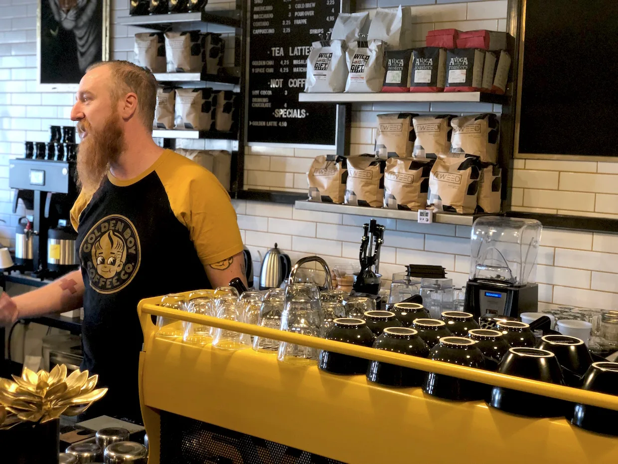 bearded barista in yellow and black shirt standing behind counter at coffee shop., golden boy coffee & cocktails, denton