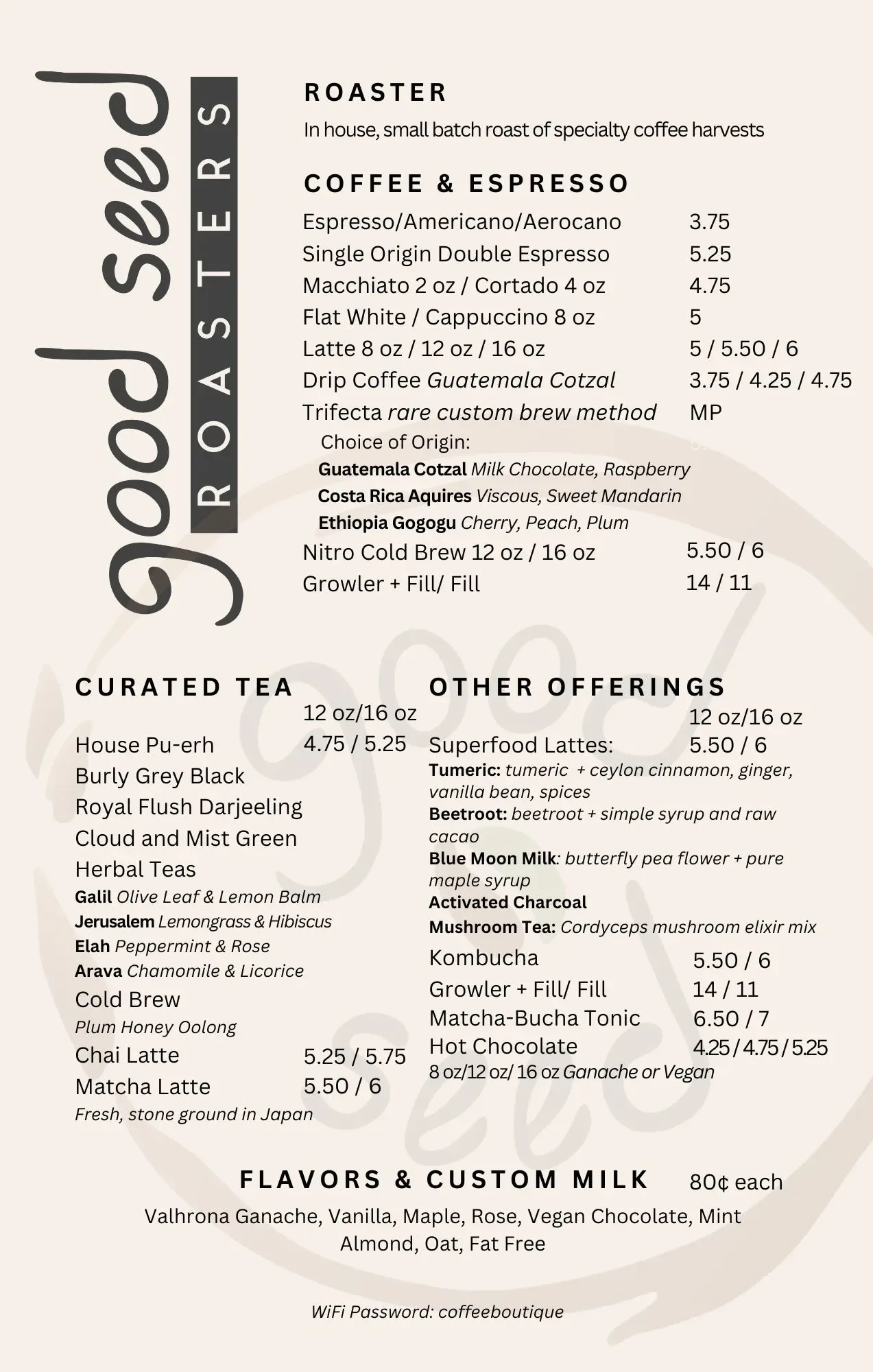 coffee shop menu featuring specialty roasts, espresso drinks, teas, and superfood lattes., good seed coffee roasters, solvang