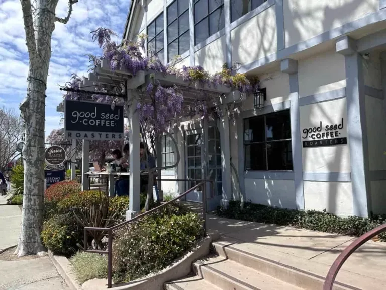 good seed coffee roasters storefront with purple wisteria vines and landscaping., good seed coffee roasters, solvang