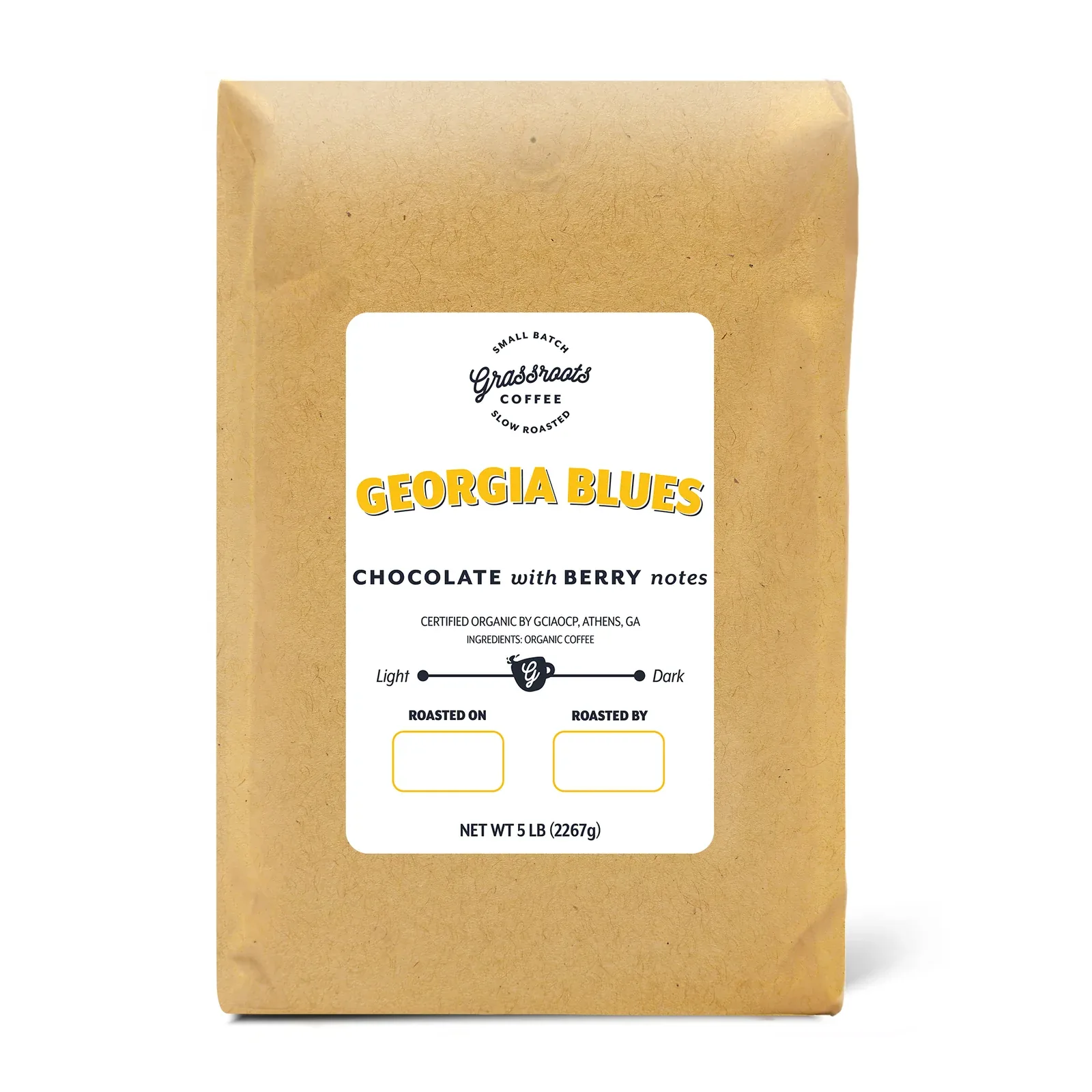 grassroots coffee georgia blues bag with chocolate and berry notes label, 5 lb size., grassroots coffee, georgia