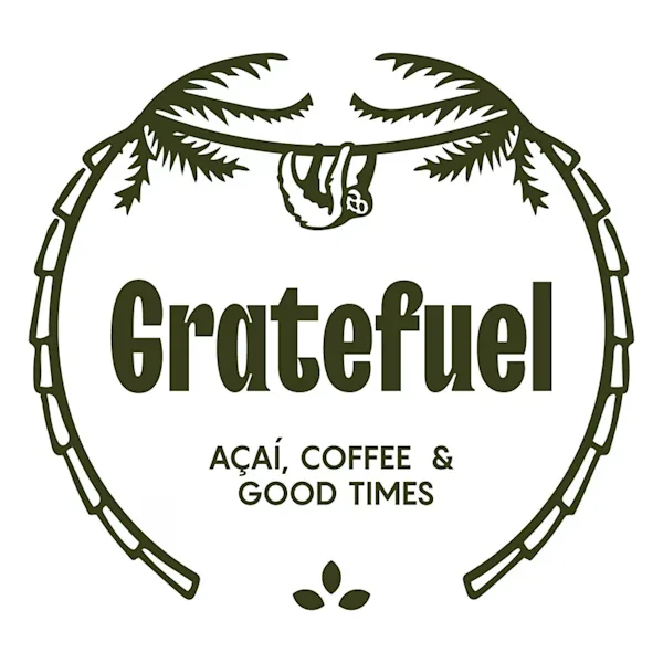 gratefuel logo with horseshoe, ferns, and acai coffee branding text., gratefuel cafe, miami