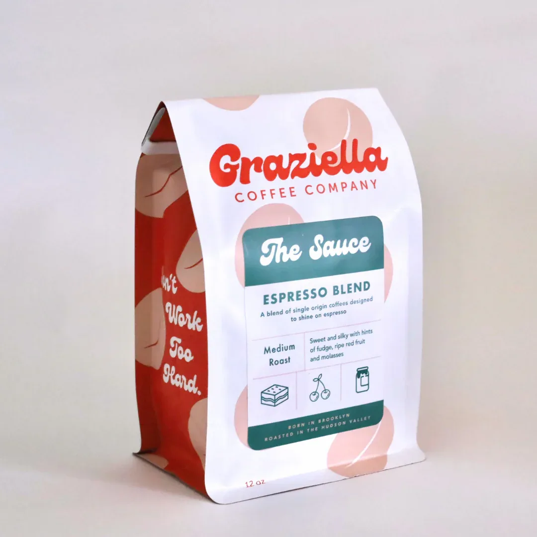 graziella coffee company espresso blend bag with red and white packaging design., graziella coffee company, new york city