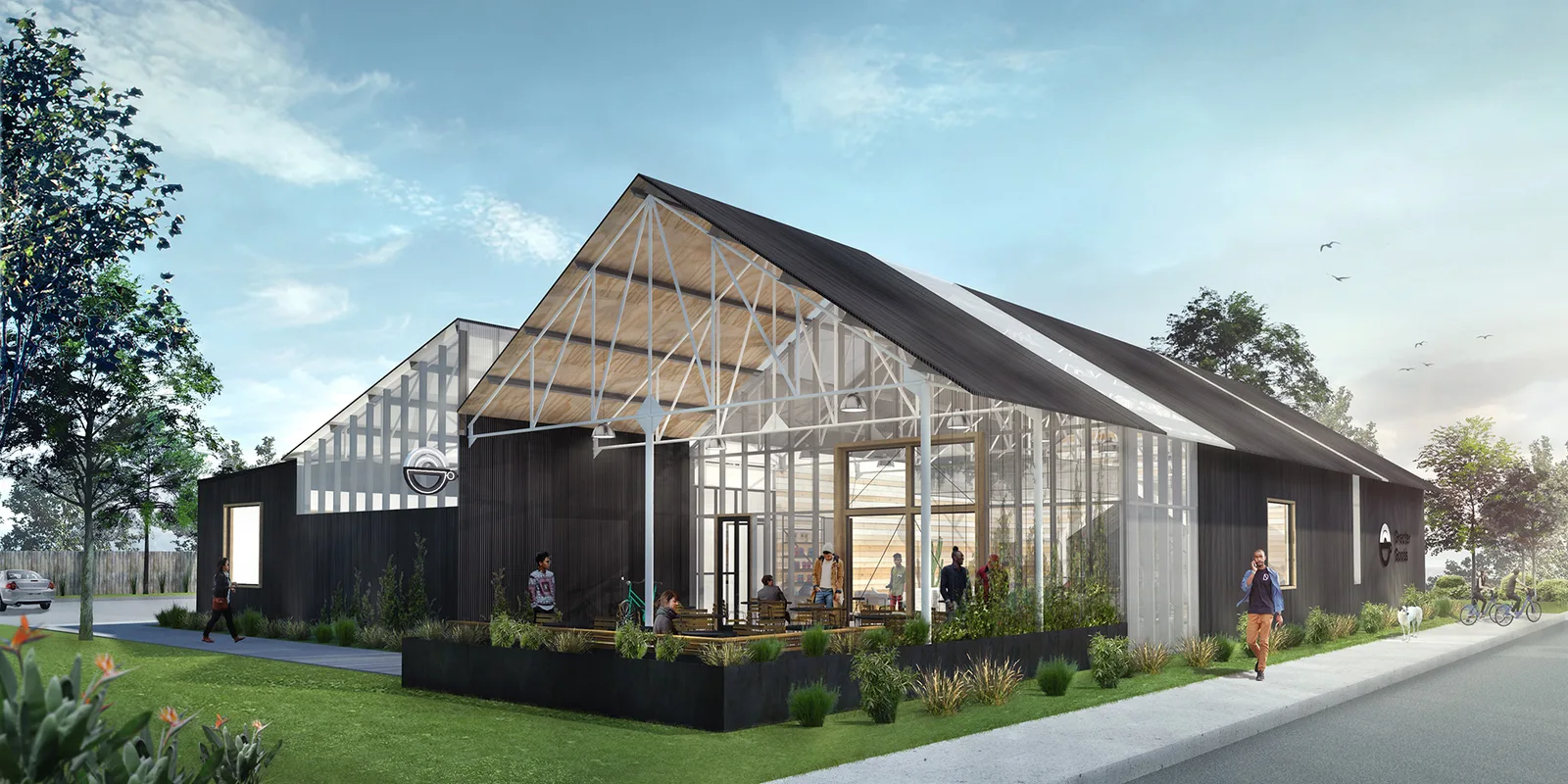 modern black barn-style building with large glass greenhouse center and people gathered outside., greater goods roasting, dri