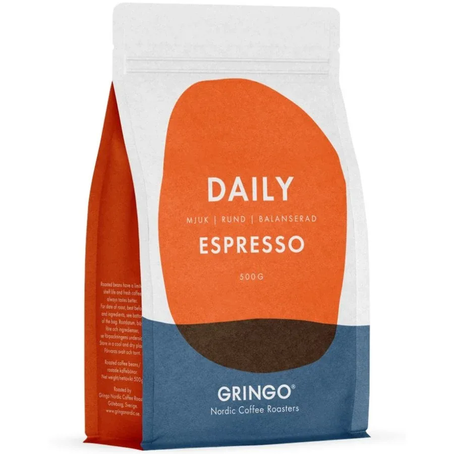 orange and blue coffee bag labeled "daily espresso" by gringo nordic coffee roasters, 500g., gringo nordic coffee roasters, g