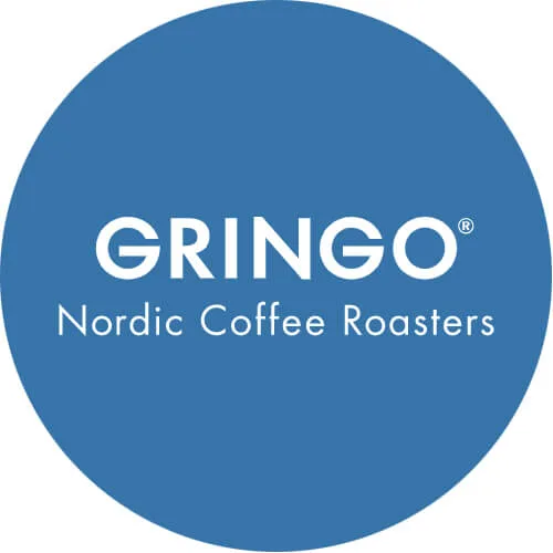 blue circular logo with white text reading "gringo" and "nordic coffee roasters" with registered trademark symbol., gringo no