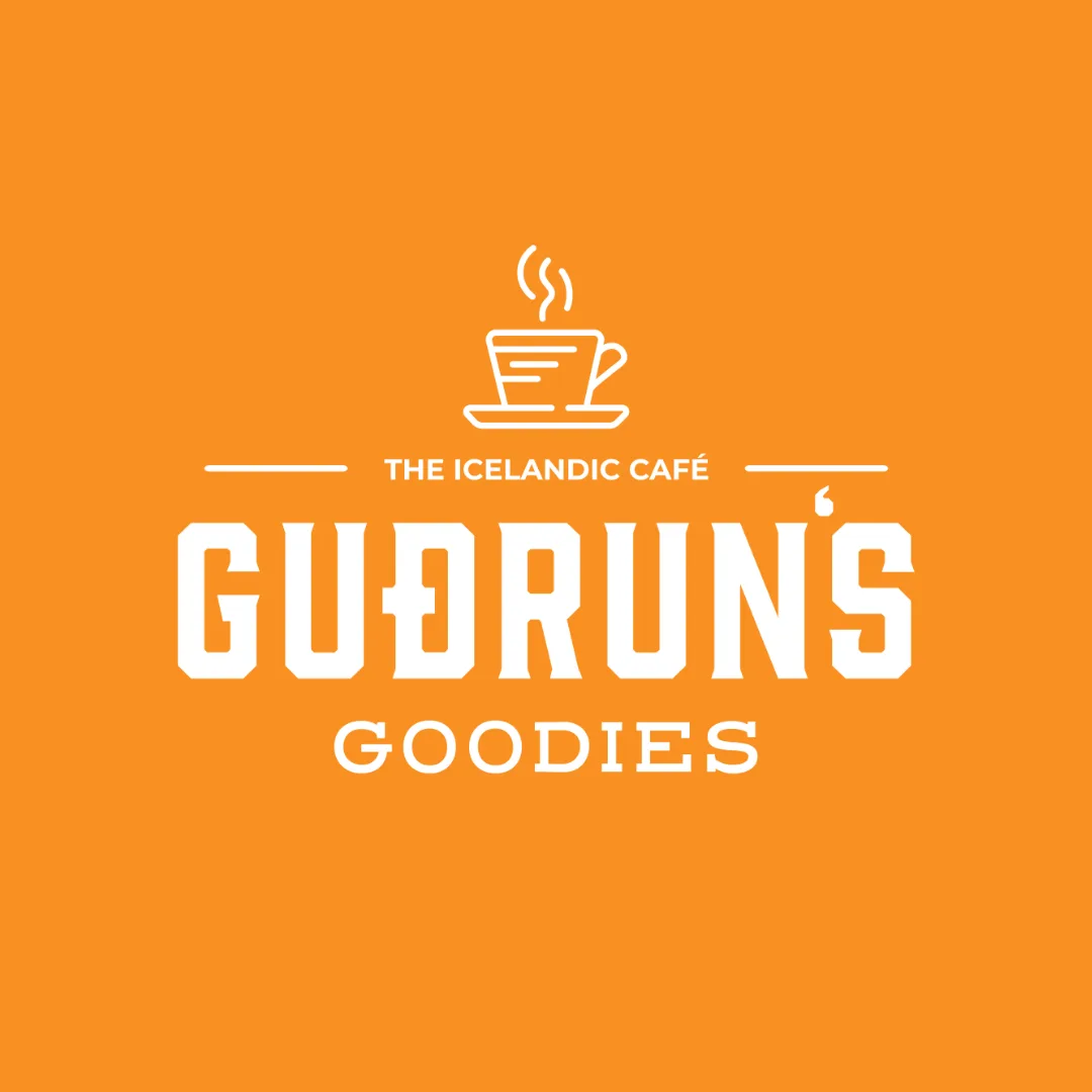 orange background with white coffee cup icon and "guðrúns goodies" cafe branding text., guðrun's goodies - icelandic café - c