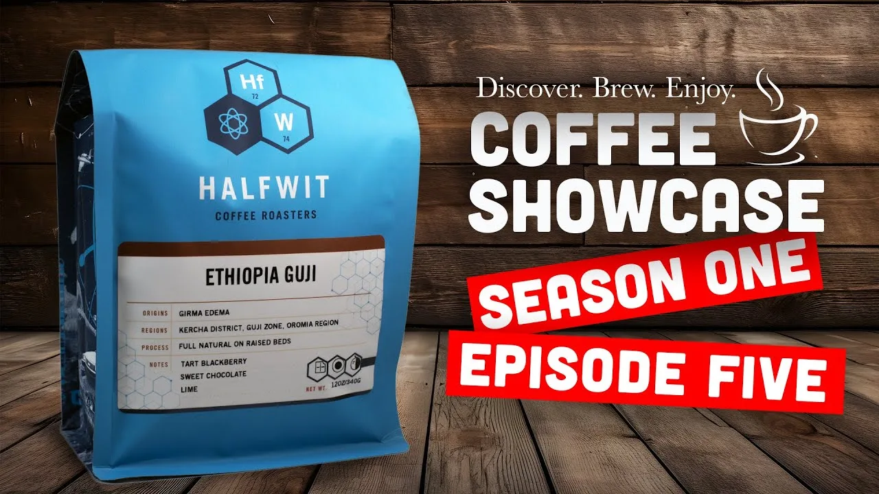 halfwit coffee bag featuring ethiopia guji beans on wooden backdrop with showcase text., halfwit coffee roasters, chicago