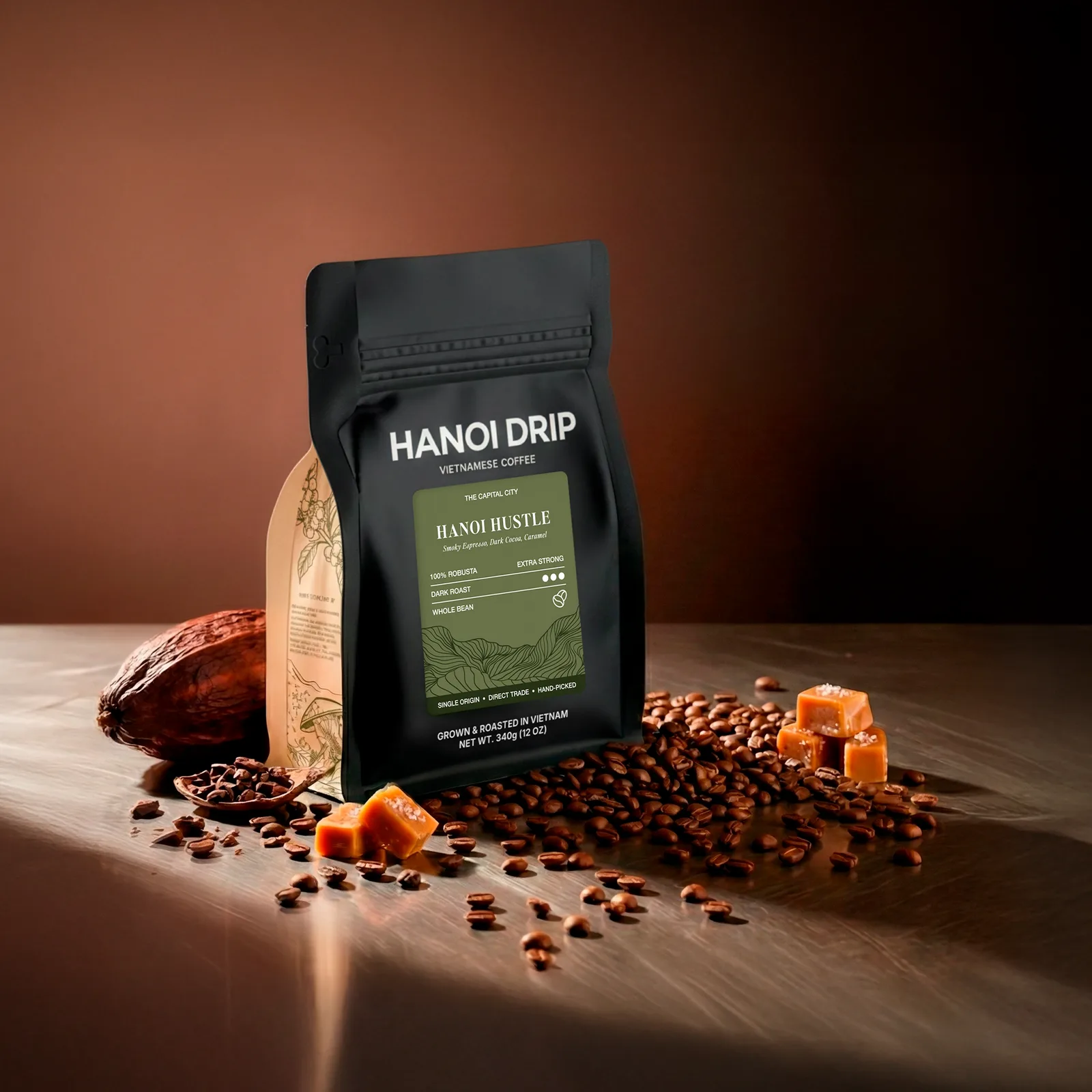 hanoi drip vietnamese coffee bag with scattered beans and caramel candies., hanoi drip coffee, vancouver