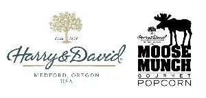 three brand logos displayed: harry & david, moose munch popcorn, and a tree emblem., harry and david, medford