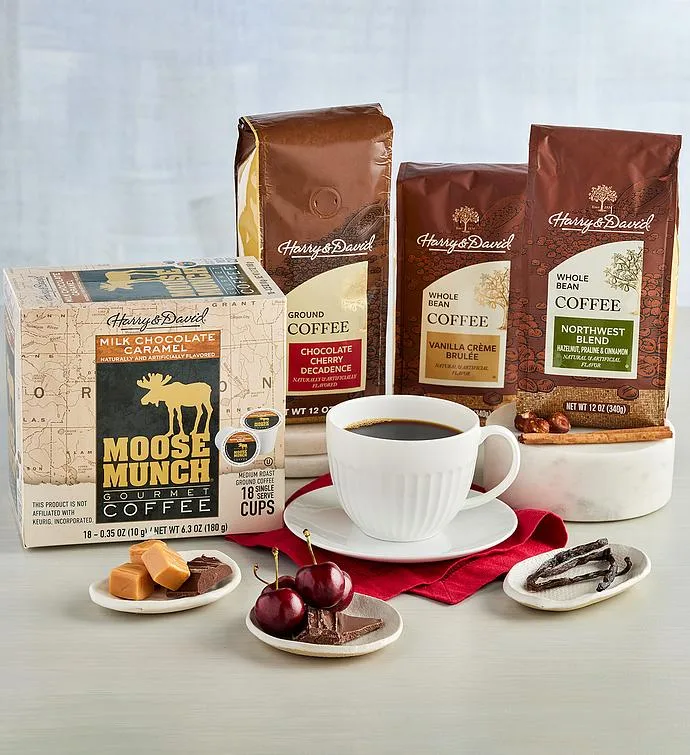 harry & david coffee gift set with cups, chocolates, and gourmet coffee beans displayed., harry and david, medford