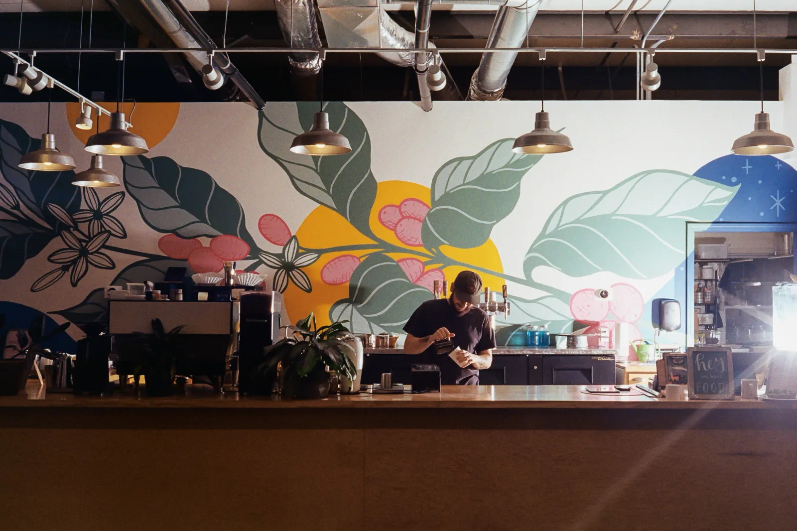 modern café interior with botanical mural, pendant lighting, and barista behind counter., hatchet coffee, boone