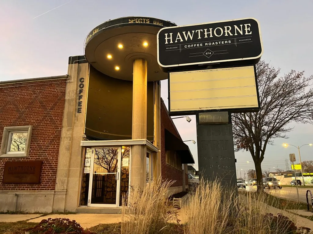 hawthorne coffee roasters storefront with vintage diner architecture and illuminated sign., hawthorne coffee roasters, milwau