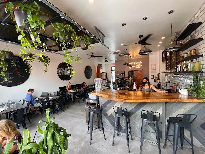 modern cafe interior with wooden counter, hanging plants, and seated customers., hico - hawaiian coffee, kona coffee, kailua-