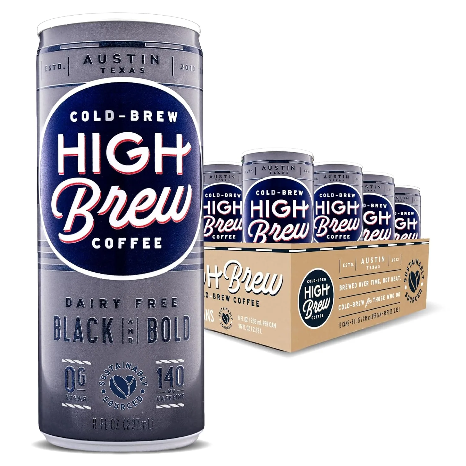 high brew cold-brew coffee cans from austin, texas with packaging box display., high brew coffee, austin