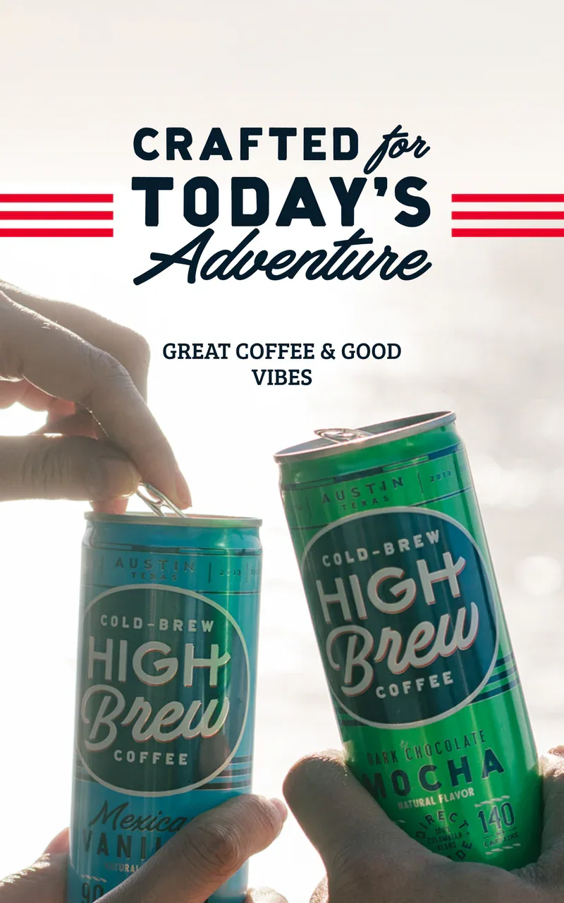 two canned high brew cold brew coffees held in hands against bright sunlight., high brew coffee, austin
