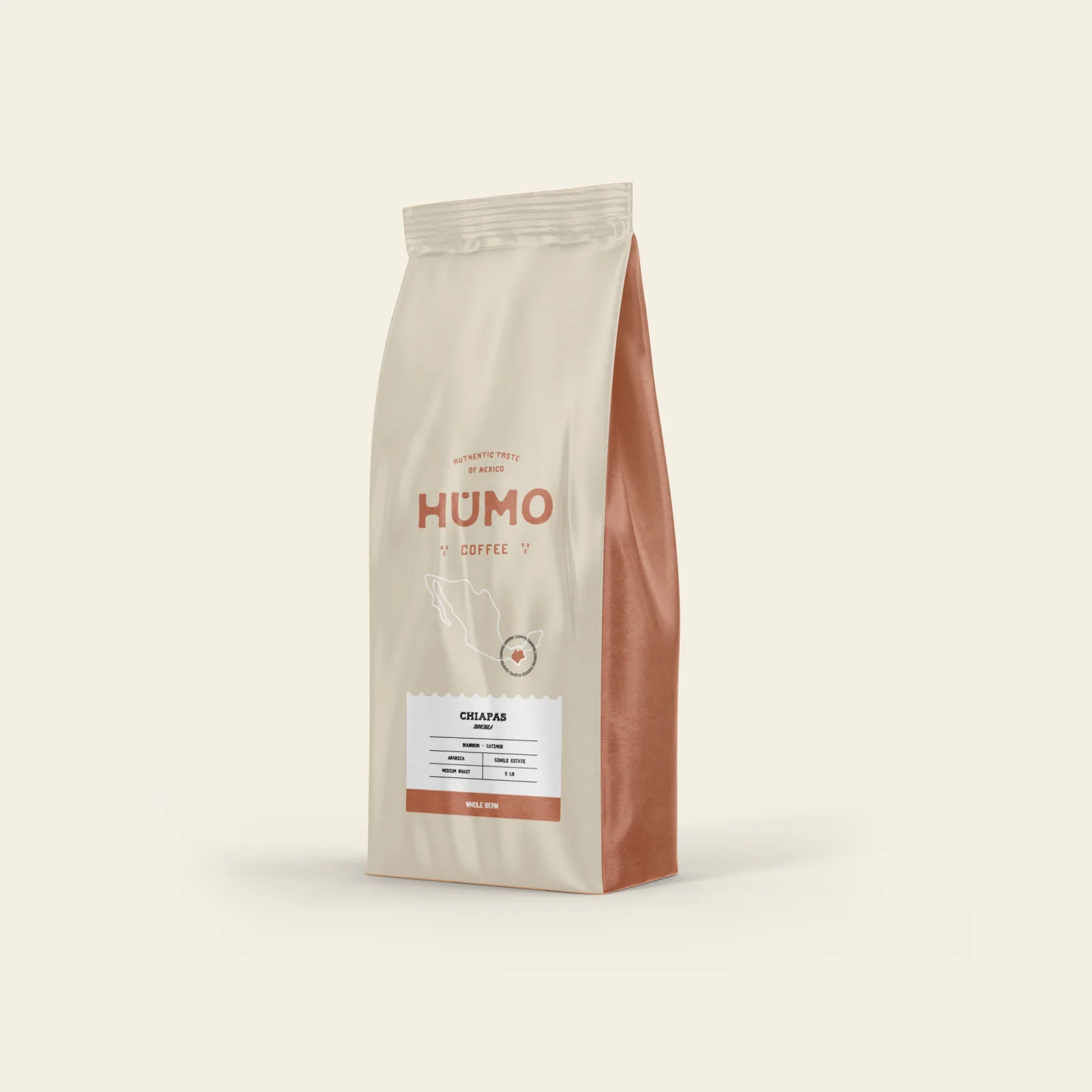 humo brand coffee bag from chiapas, mexico with cream and terracotta packaging design., humo coffee, texas