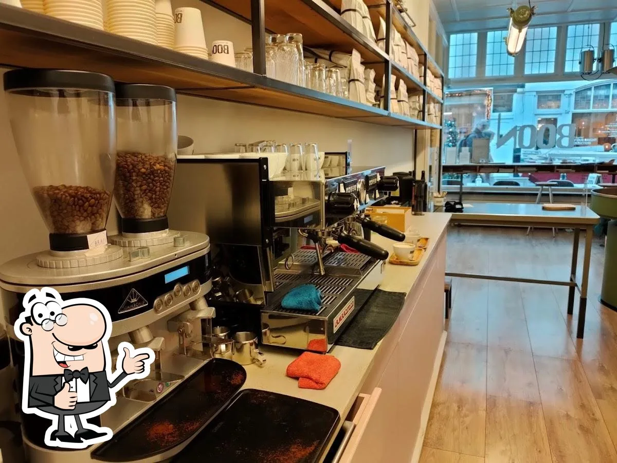 modern coffee shop counter with espresso machines, grinders, and shelved supplies., ief&ido coffee roasting shop/bar, the hag