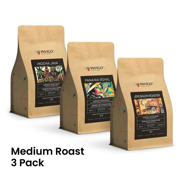 three kraft paper coffee bags labeled invigo displaying mocha java, panama royal, and jerusalem roaster varieties., invigo co