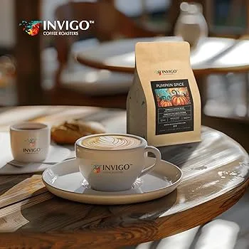 invigo coffee brand display with cup, latte art, and bag of beans on wooden table., invigo coffee roasters, concord
