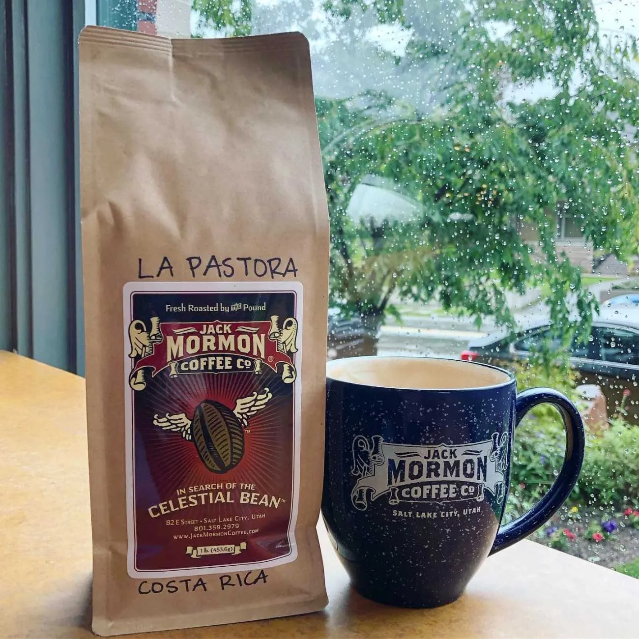 coffee bag and mug by rainy window with green foliage visible outside., jack mormon coffee roasting, salt lake city